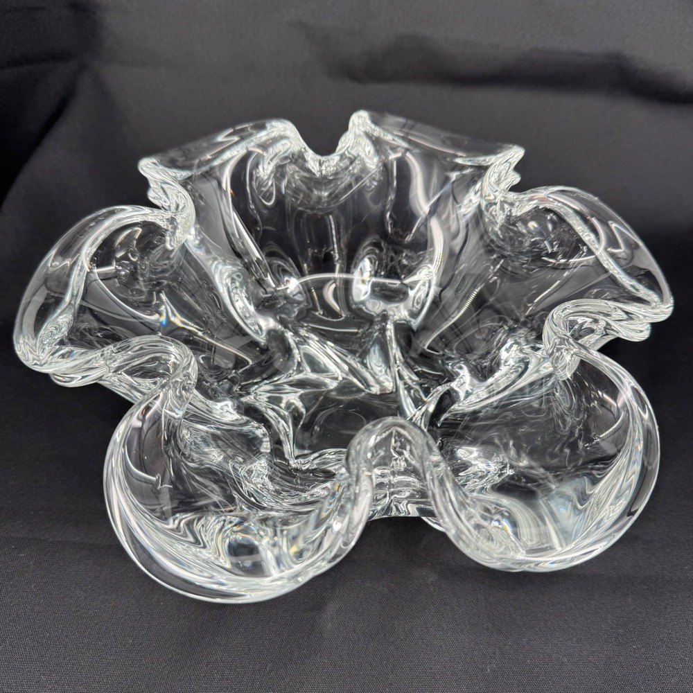 Murano Clear Art Glass Hand Blown Bowl Decorative Candy Dish Ruffled Edge Heavy